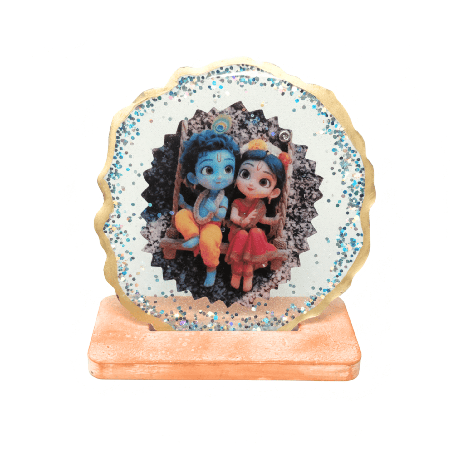 Radha Krishna Resin Art Photo Frame with Stand | 7×7 cm Round Spiritual Showpiece | Devotional Home Décor & Gifting | Love WholeShop