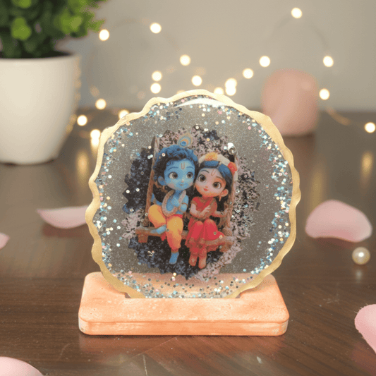 Radha Krishna Resin Art Photo Frame with Stand | 7×7 cm Round Spiritual Showpiece | Devotional Home Décor & Gifting | Love WholeShop