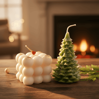 Christmas Premium Candle Combo – Bubble Cube & Christmas Tree | Natural Soy Wax | Festive Home Décor & Gifting | Love WholeShop