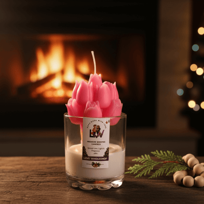 Premium Tulip Glass Jar Candle | Natural Scented Soy Wax (Red) | Festive Home Décor & Gifting | Love WholeShop