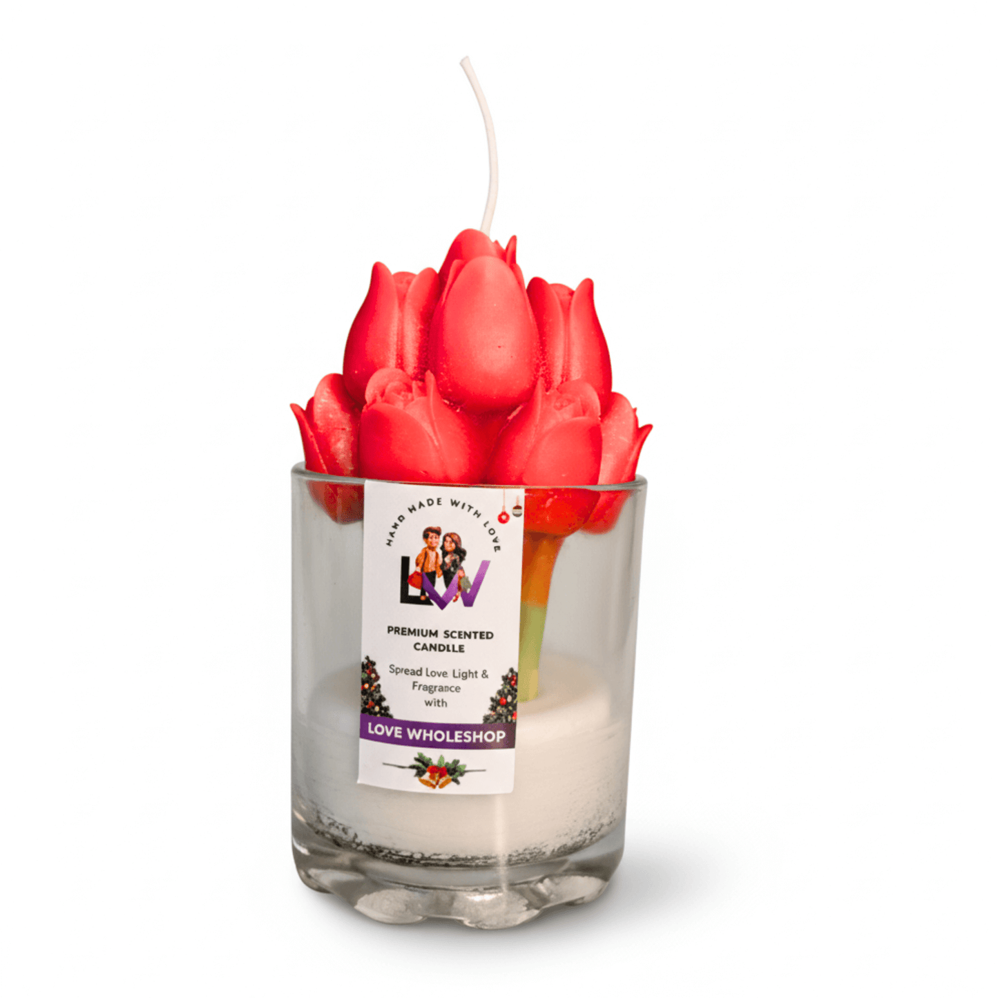 Premium Tulip Glass Jar Candle | Natural Scented Soy Wax (Red) | Festive Home Décor & Gifting | Love WholeShop