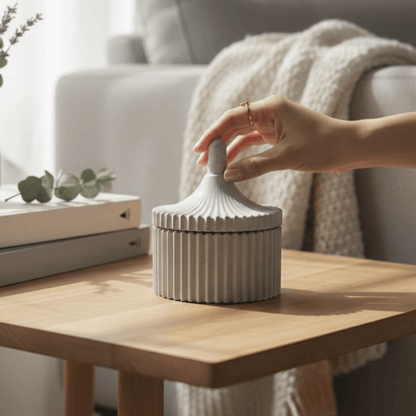 Concrete Ribbed Storage Jar with Lid | Modern Minimal Organizer Box | Stylish Home Décor & Premium Gifting | Love WholeShop