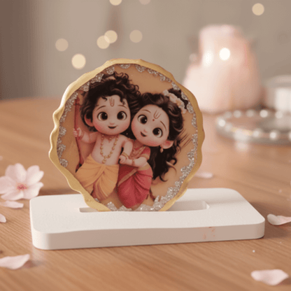 Cute Sita Ram Resin Art Photo Frame with Stand | 7×7 cm Round Spiritual Showpiece | Devotional Home Décor & Gifting | Love WholeShop