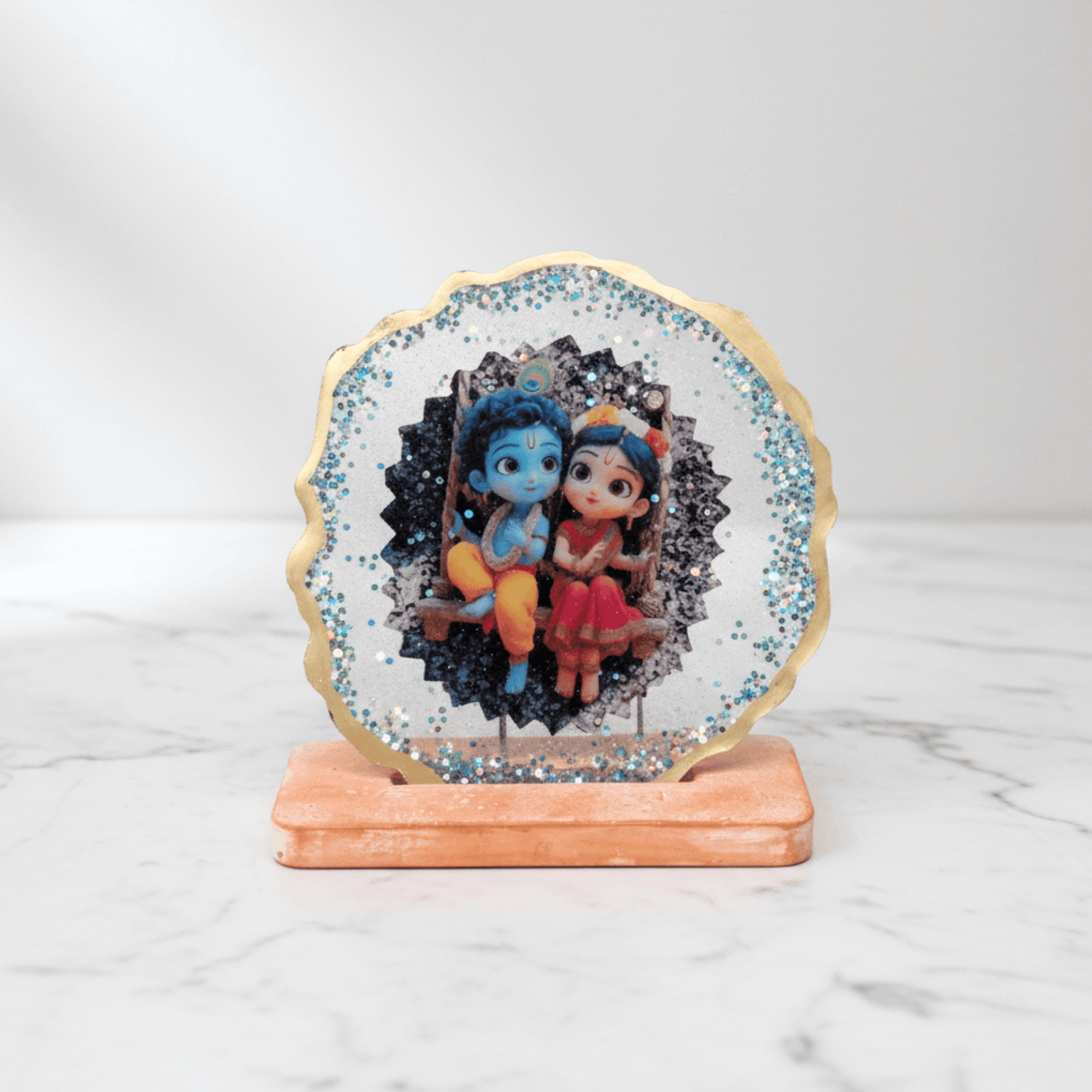 Radha Krishna Resin Art Photo Frame with Stand | 7×7 cm Round Spiritual Showpiece | Devotional Home Décor & Gifting | Love WholeShop
