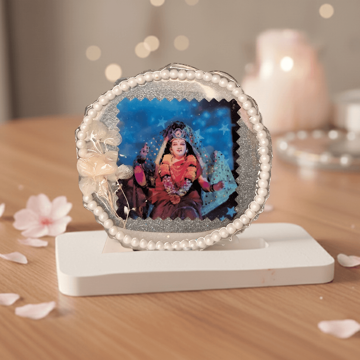 Mata Rani Resin Art Photo Frame with Stand (10×10 cm) | Maa Durga Ji Decorative Showpiece | Spiritual Home Décor & Gifting | Love WholeShop